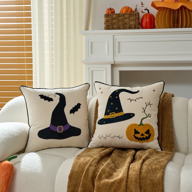Halloween Reversible Embroidered Pumpkin Ghost Cushion Cover – 18x18 & 12x20 in