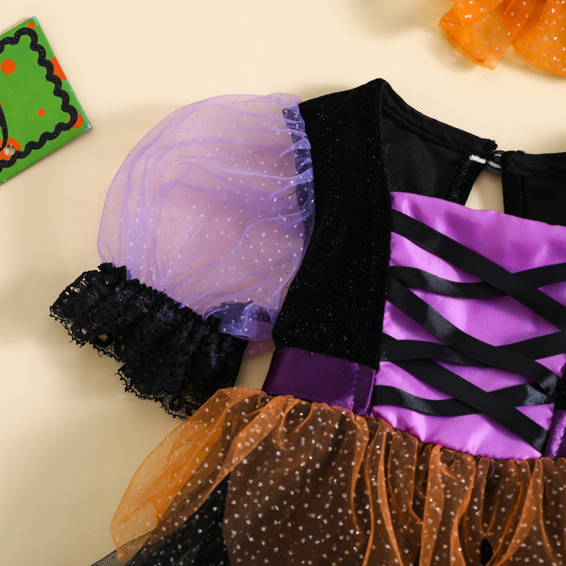 Baby Girl Halloween Puff Sleeve Tulle Romper Dress with Headband - Image 5
