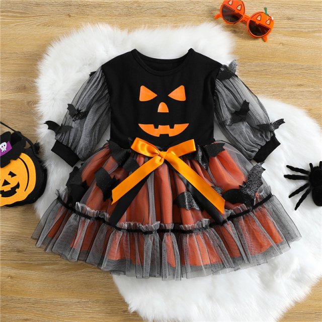 Girls Halloween Princess Tutu Dress with Mesh Long Sleeves