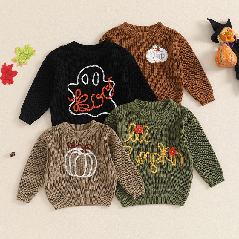 Baby Halloween Knitted Sweater with Pumpkin/Ghost Embroidery