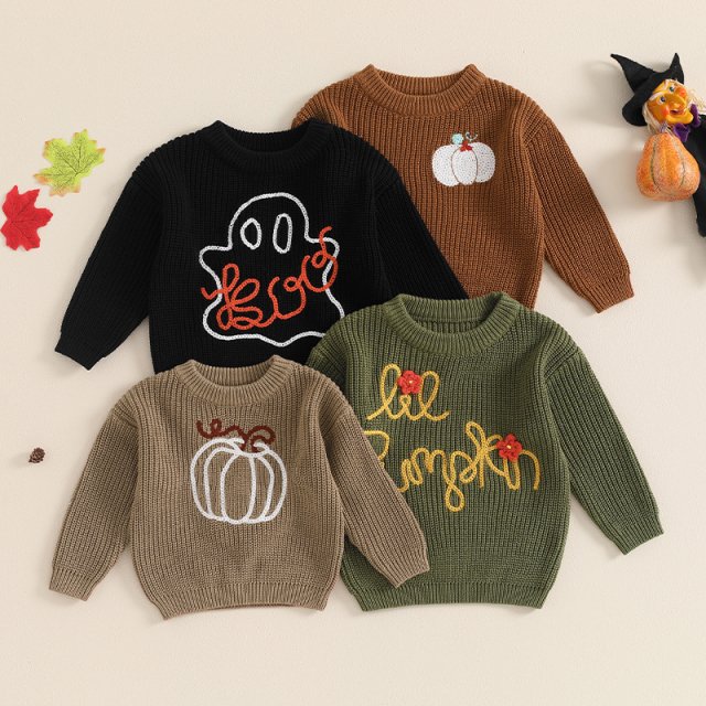 Baby Halloween Knitted Sweater with Pumpkin/Ghost Embroidery