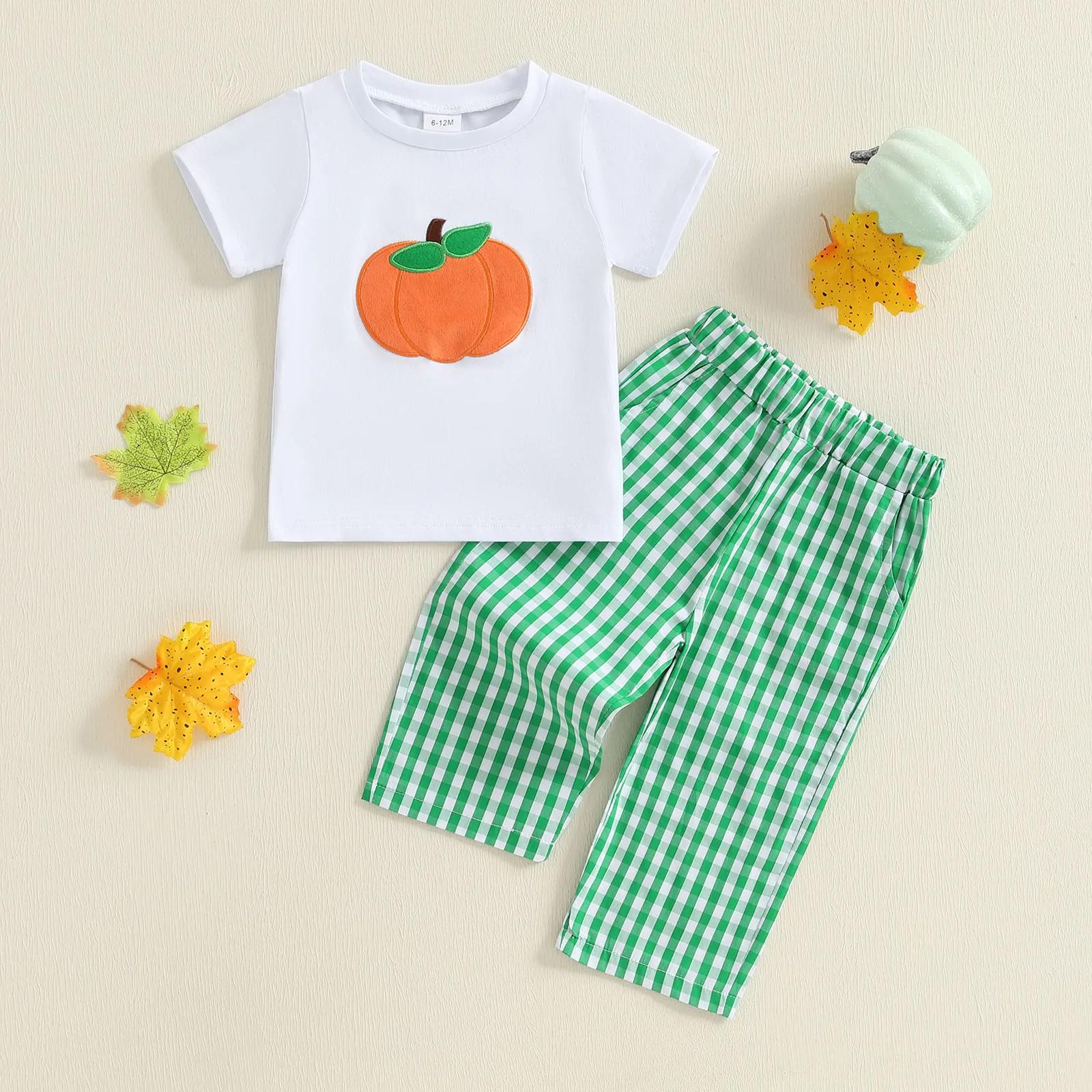 Toddler Boy Halloween Pumpkin Outfit with Plaid Pants