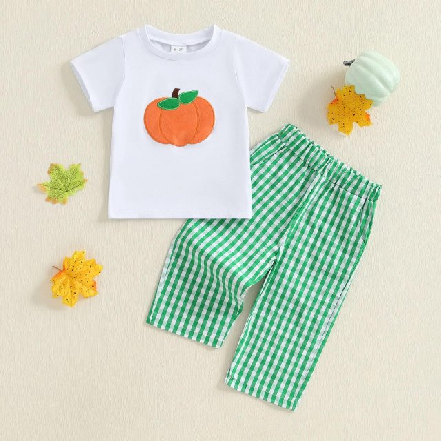 Toddler Boy Halloween Pumpkin Outfit with Plaid Pants