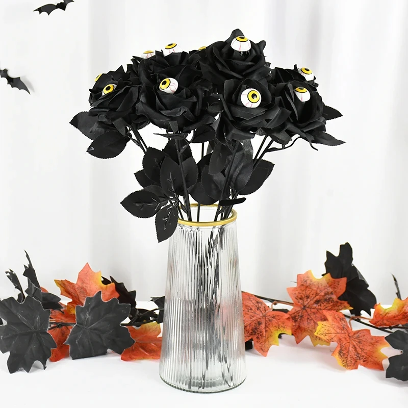 Halloween Black Rose with Eyeball – Scary Silk Flower Decor (5pcs)