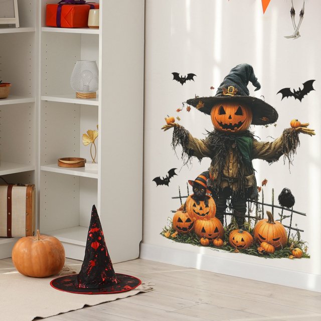 Halloween Pumpkin Scarecrow Bat Wall Stickers - Fun Decor