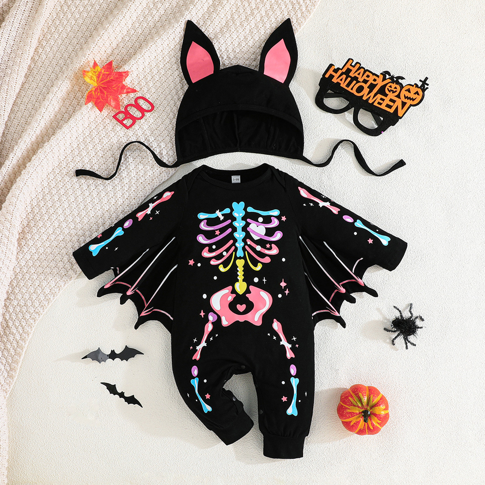 Toddler Baby Bat Halloween Skeleton Printed Jumpsuit with Hat