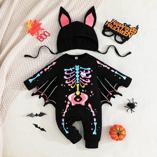 Toddler Baby Bat Halloween Skeleton Printed Jumpsuit with Hat