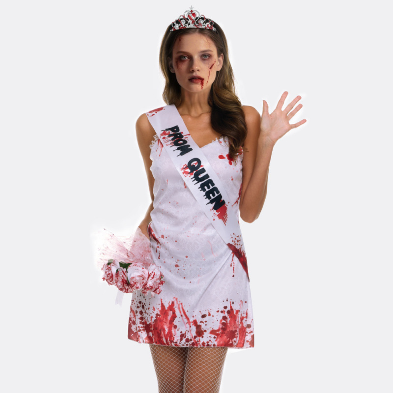 Ghost Bride Halloween Costume with Flowers and Shoulder Strap - Image 3