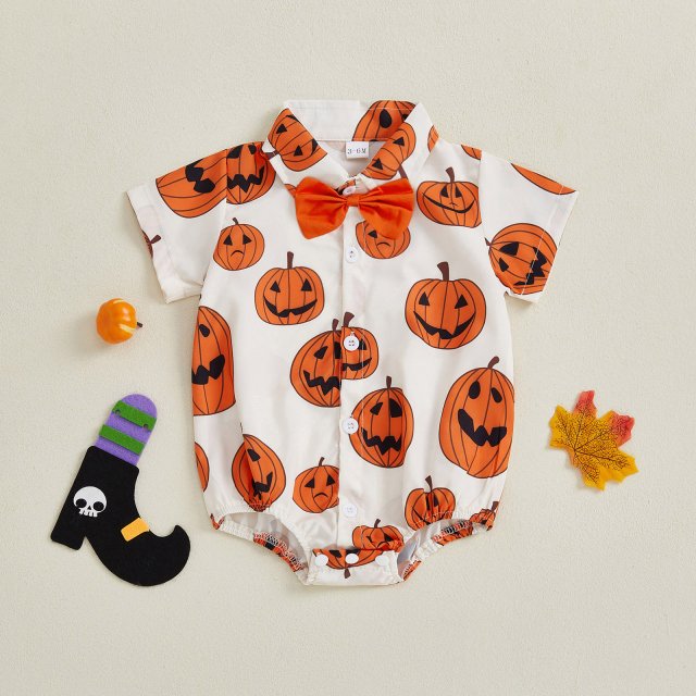 Infant Baby Boy Halloween Pumpkin Print Short Sleeve Gentleman Romper