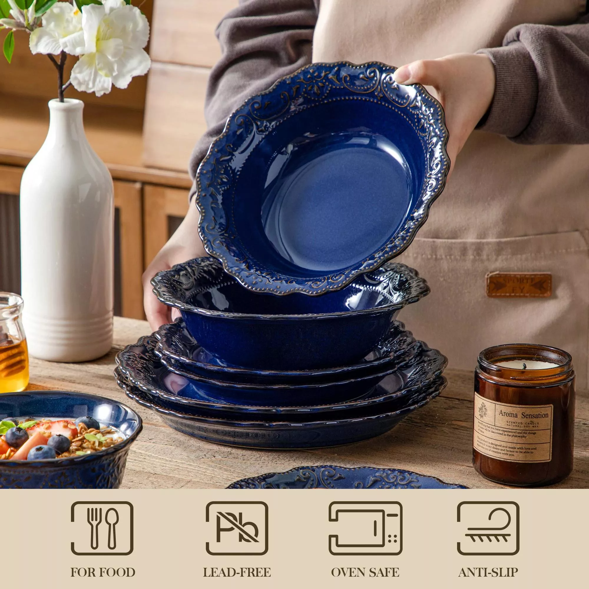 Tableware Full Set 16 Piece Blue Reactive Glaze Ceramic Dinnerware Set with Plates, Bowls ...