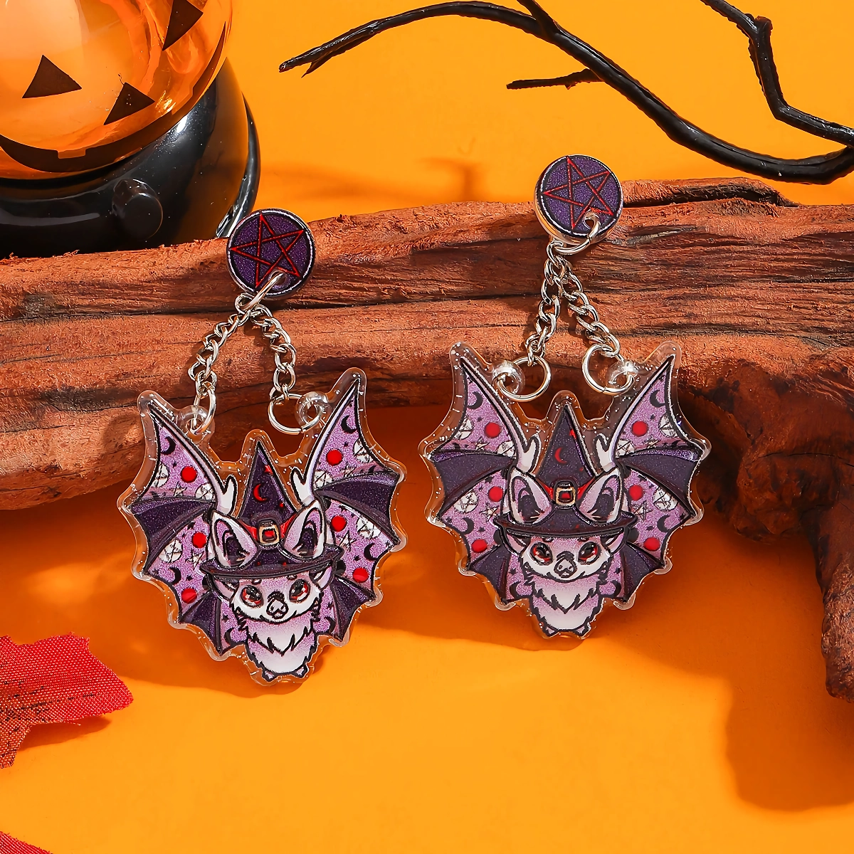 Colorful Halloween Bat Drop Earrings for Women – Fun Acrylic Holiday Jewelry - Image 5