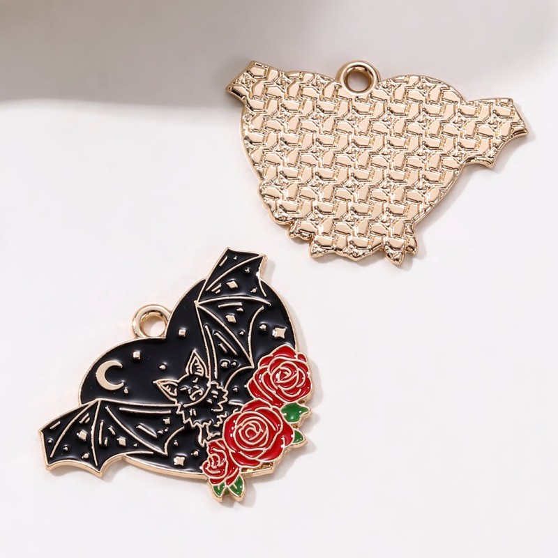 10pcs Halloween Gothic Charms – Skull, Rose, Bat & Heart Enamel Pendants - Image 3