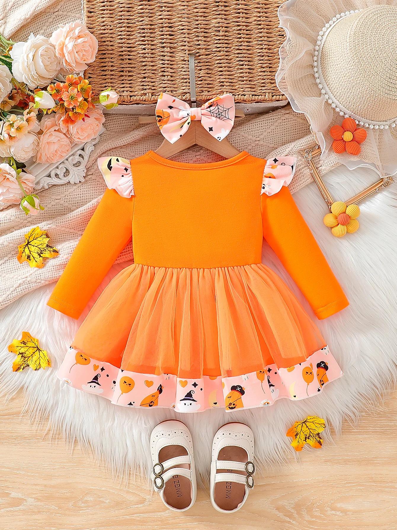 Baby Girl Halloween Pumpkin & Ghost Print Dress with Headband - Image 3