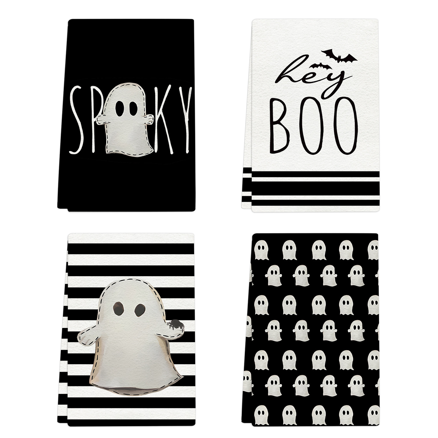 Spooky Black Ghost Halloween Kitchen Towels - Set of 4