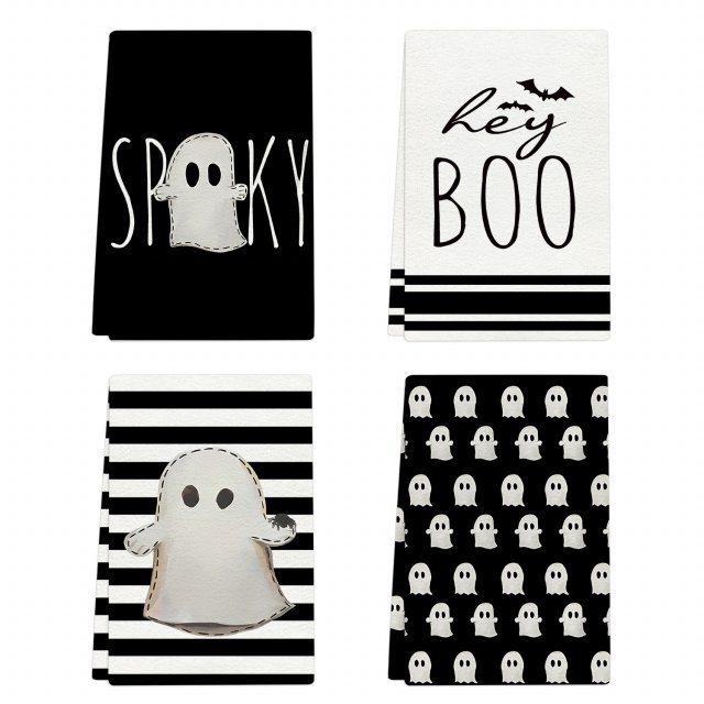 Spooky Black Ghost Halloween Kitchen Towels - Set of 4