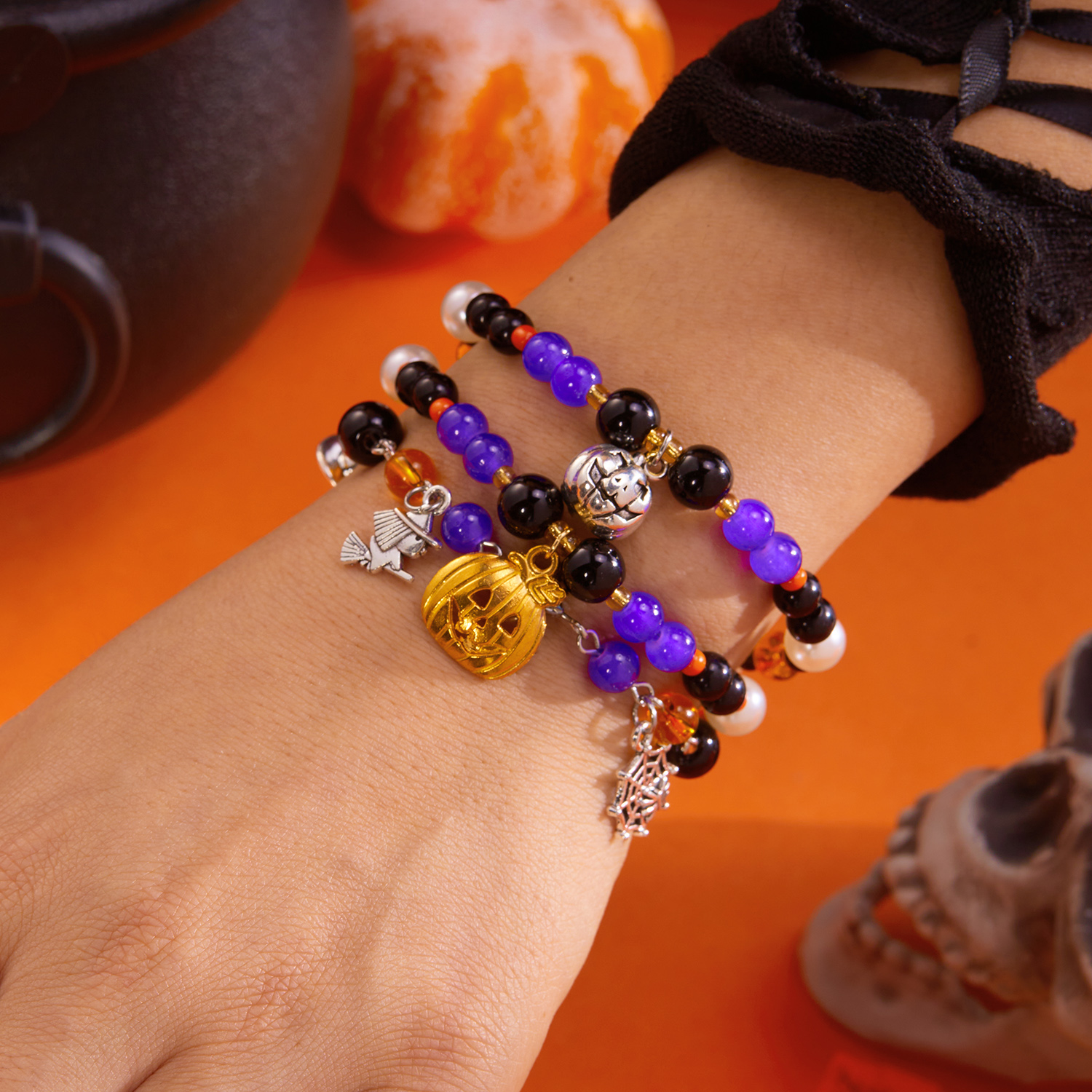 Halloween Witch & Pumpkin Crystal Bead Bracelet - Image 3