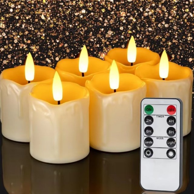 6Pc Real Wax LED Tea Light Candles with Timer – Battery Operated, Flickering Black Wick Candles