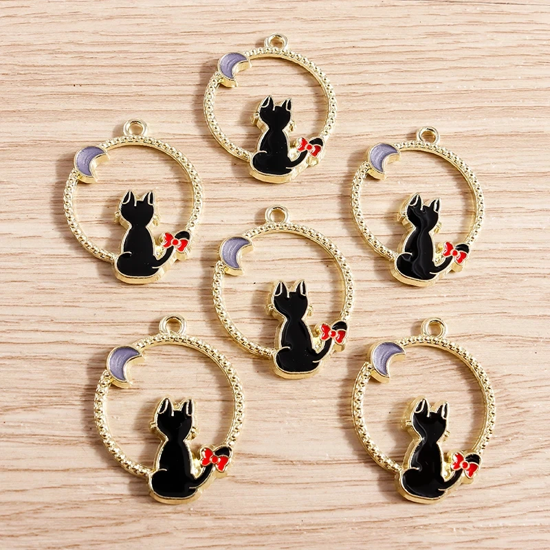 10pcs Enamel Cat & Moon Charms for Jewelry Making – 0.87x1.1in