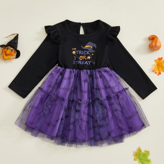 Halloween Witch Hat Print Tulle Dress for Toddler Girls