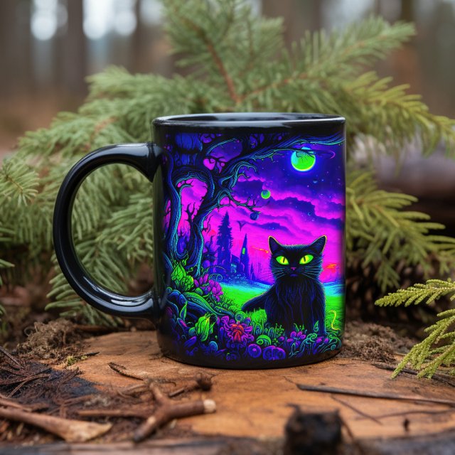 Halloween Black Cat and Castle Ceramic Mug - Horror Element 320ml