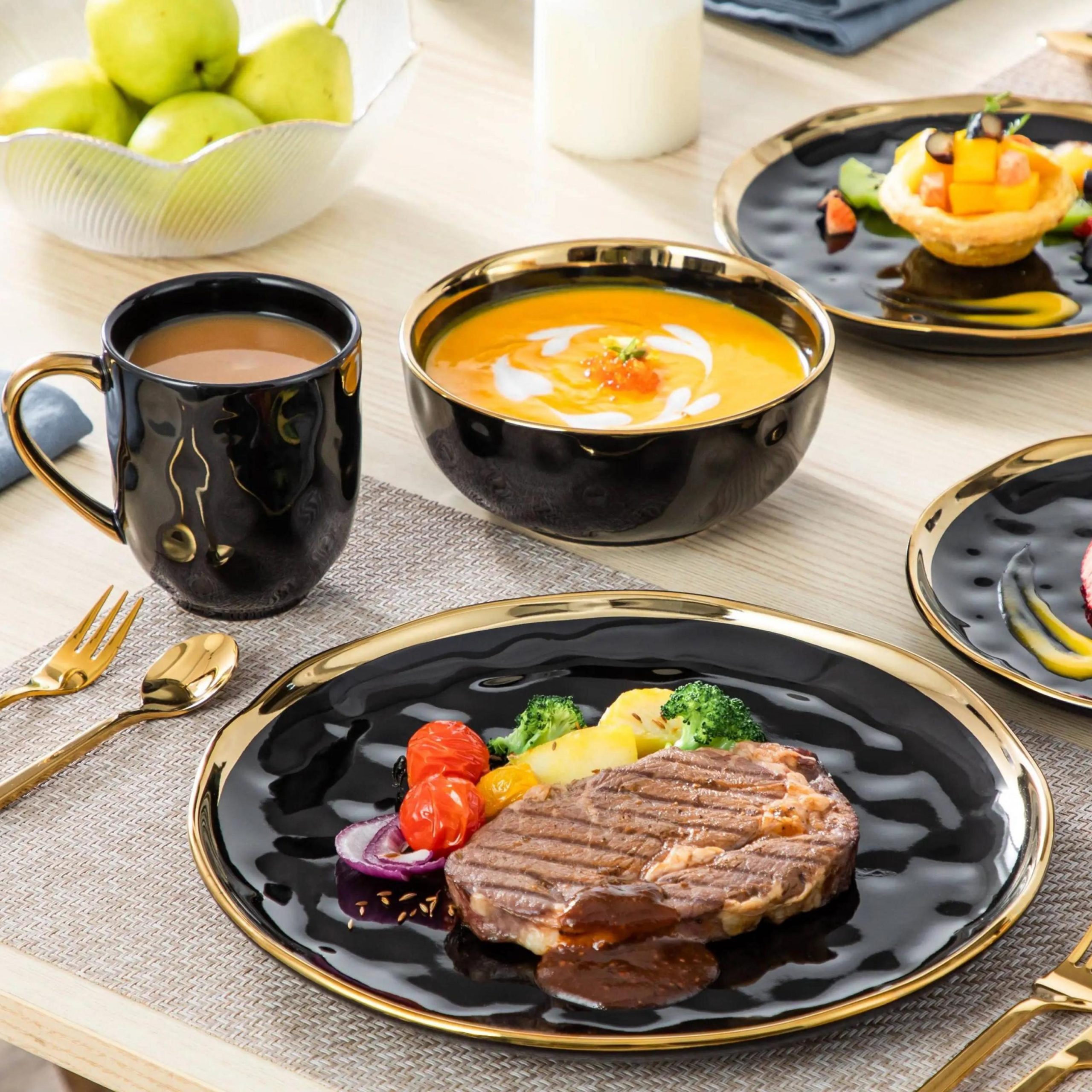 Black Porcelain Dinnerware Set with Gold Trim - Image 4