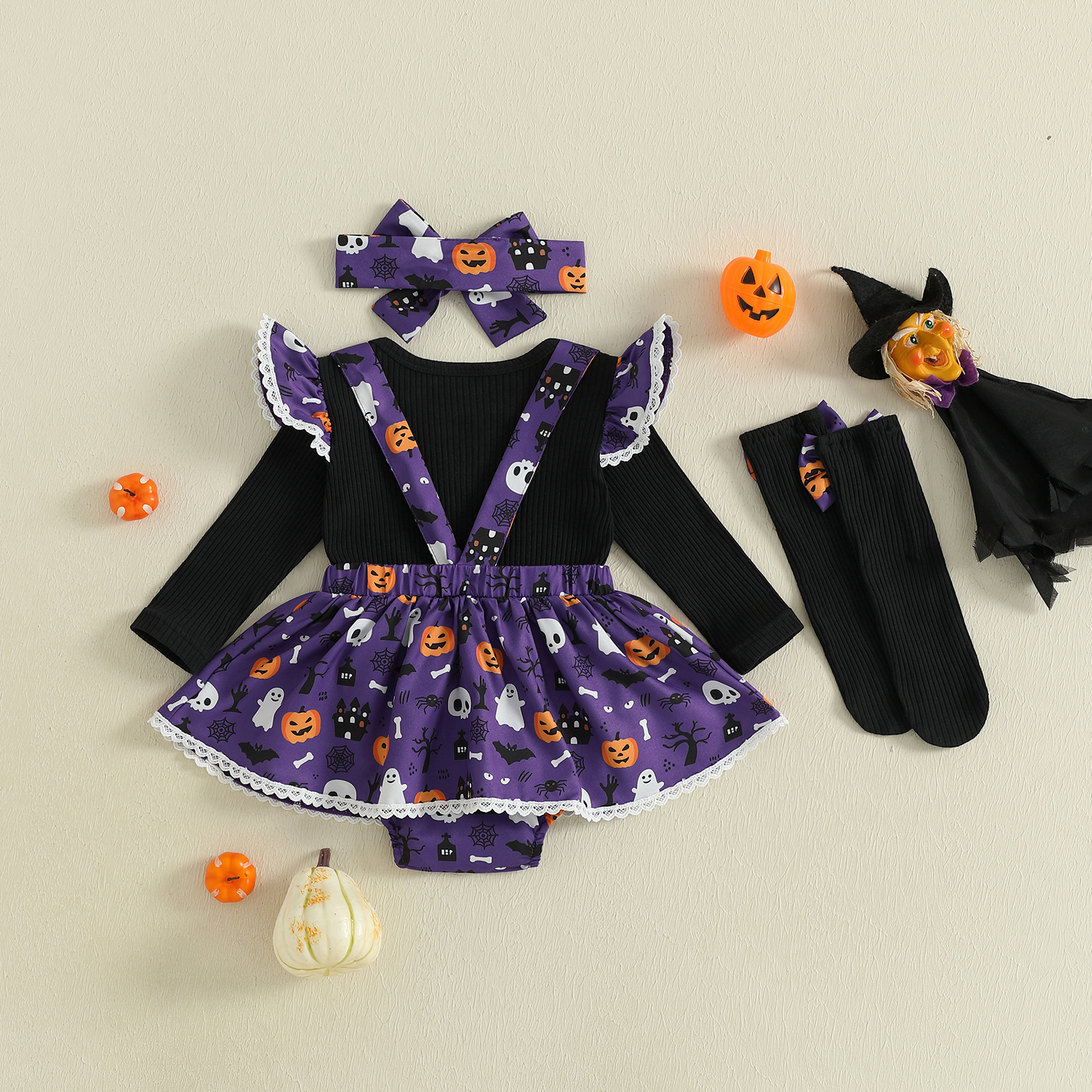 Baby Girl Halloween Outfit 4Pcs Set Romper Skirt Headband Socks - Image 3