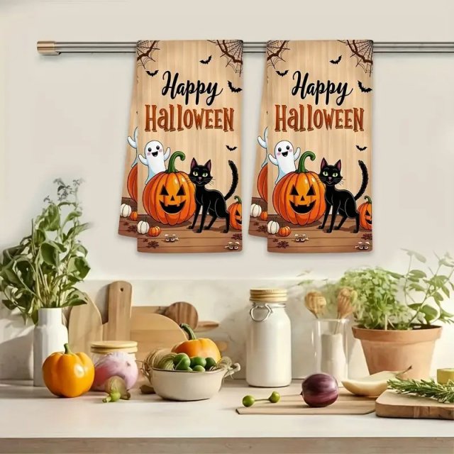 2 Pack Halloween Skeleton & Pumpkin Waffle Kitchen Towels