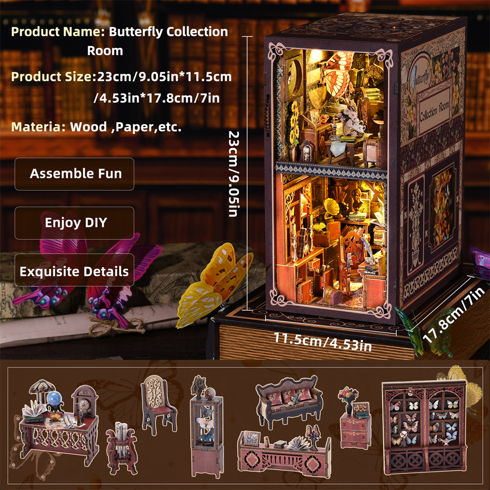 3D Butterfly Book Nook Kit - DIY Wooden Dollhouse Model - Image 6