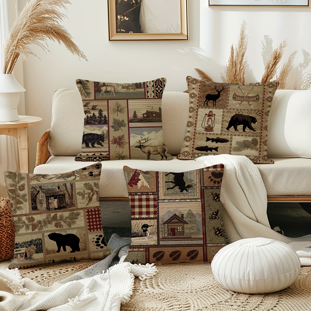 Rustic Bear & Elk Linen Blend Throw Pillow Cover 18x18 with Zip Closure - Image 2