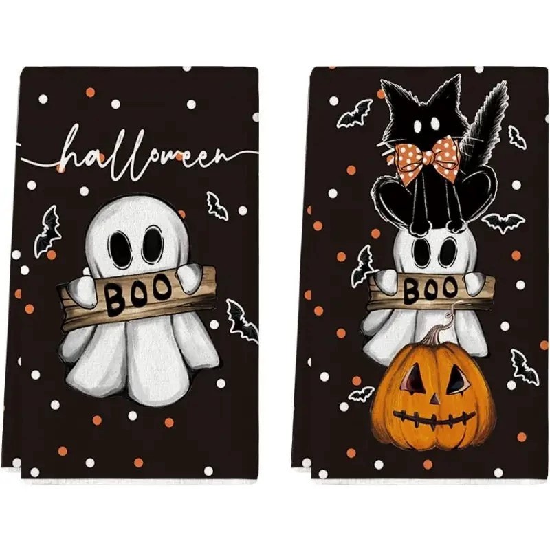 Halloween Cat Pumpkin Ghost Kitchen Towels Set of 2
