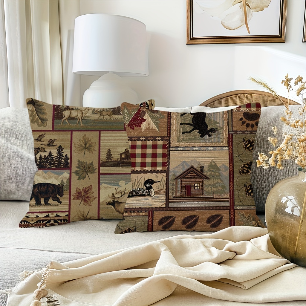 Rustic Bear & Elk Linen Blend Throw Pillow Cover 18x18 with Zip Closure - Image 3