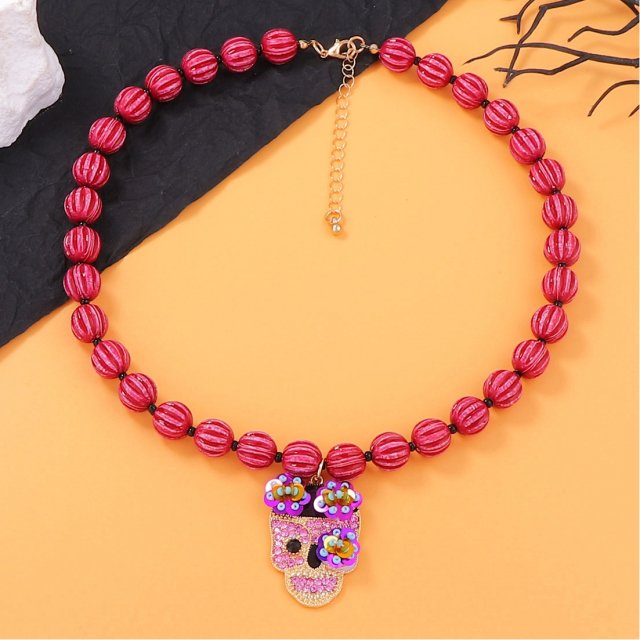 Halloween Skull Pendant Necklace Beaded Alloy Jewelry