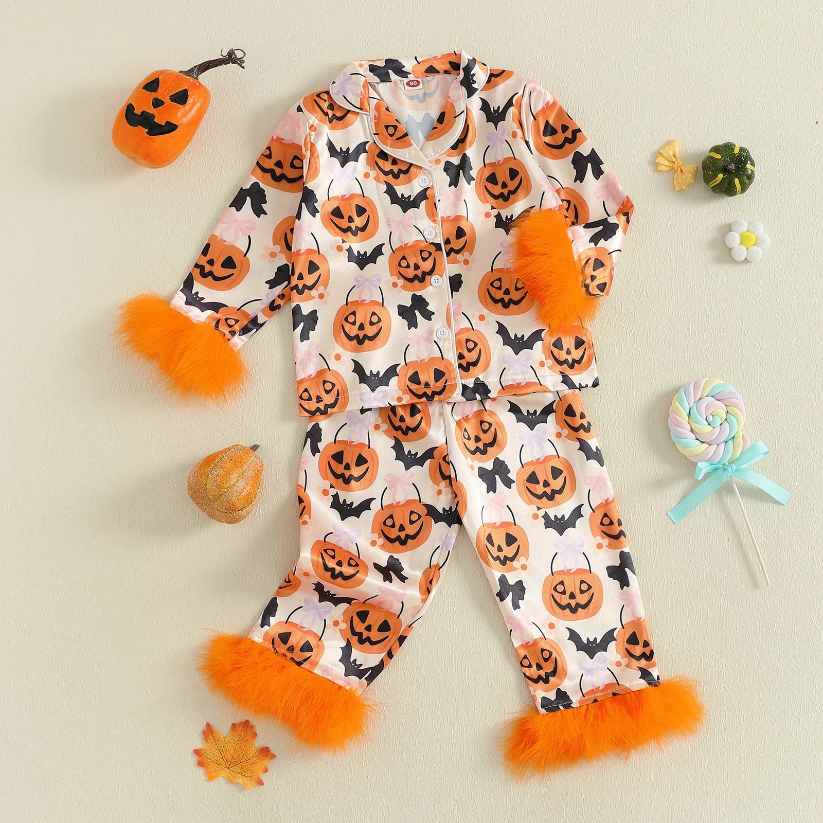 Girls Halloween Pajamas Set Pumpkin Print Feather Cuffs Button Up Shirt and Pants - Image 5