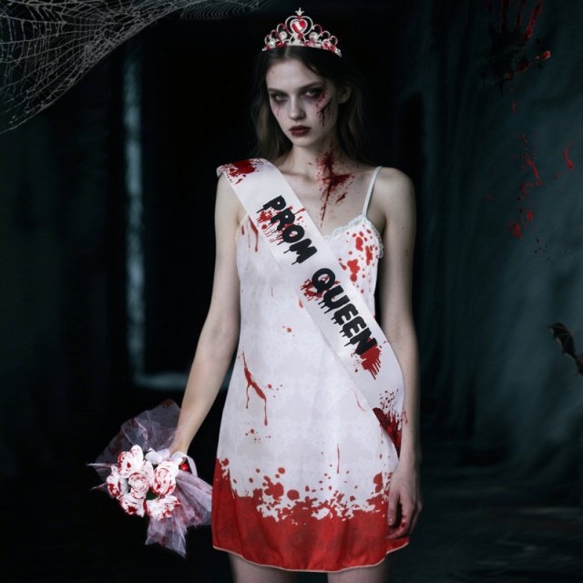 Ghost Bride Halloween Costume with Flowers and Shoulder Strap
