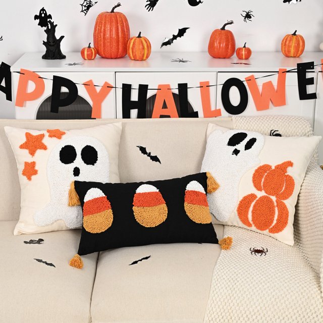 Embroidered Ghost Pillow Covers – Halloween 12x20in & 18x18in