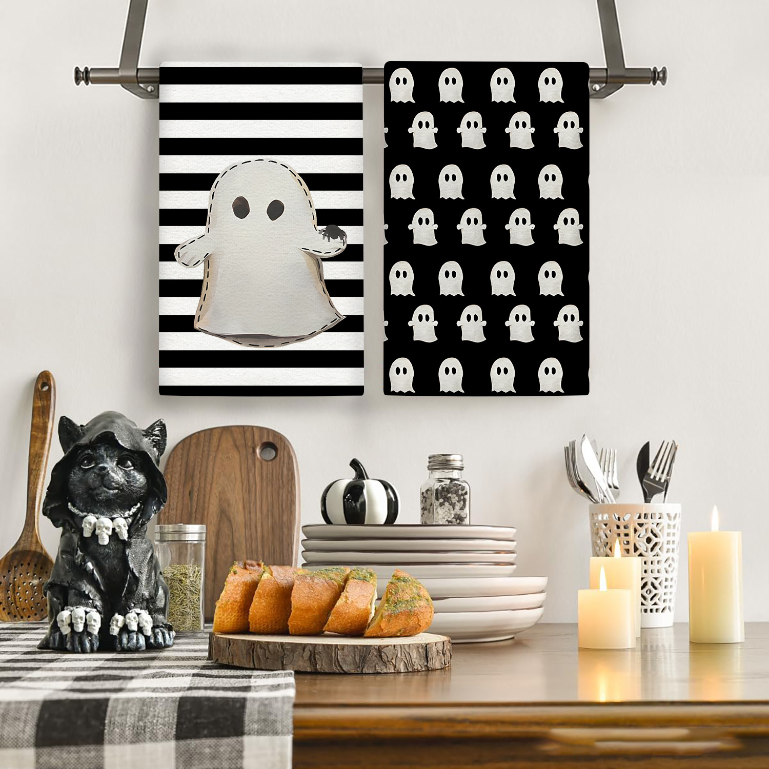 Spooky Black Ghost Halloween Kitchen Towels - Set of 4 - Image 3