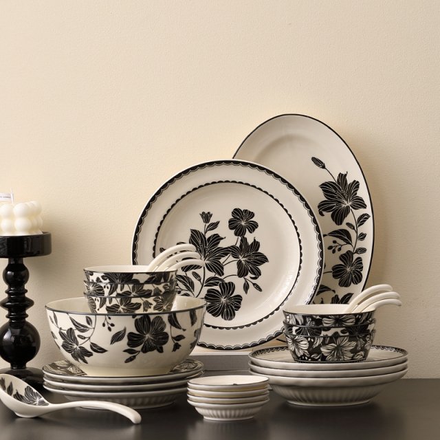 French Retro Floral Porcelain Dinnerware Set with Plates & Bowls