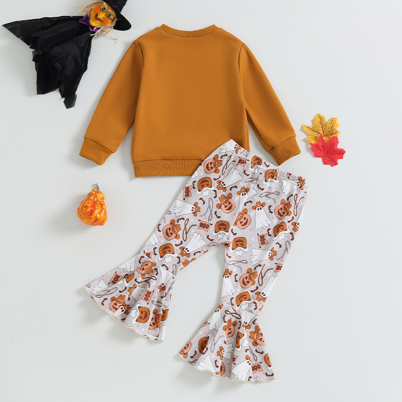 Toddler Girl Halloween Outfit Long Sleeve Top and Pumpkin Ghost Flare Pants Set - Image 2