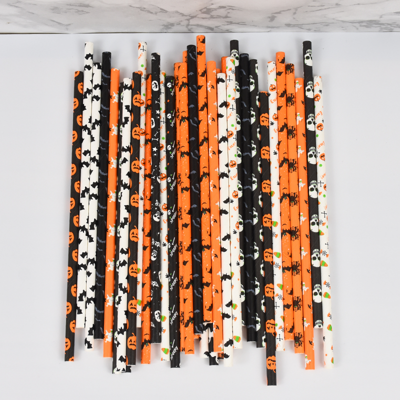 Halloween Paper Straws with Pumpkin, Bat, Spider & Ghost Designs - 50 Pcs - Image 2