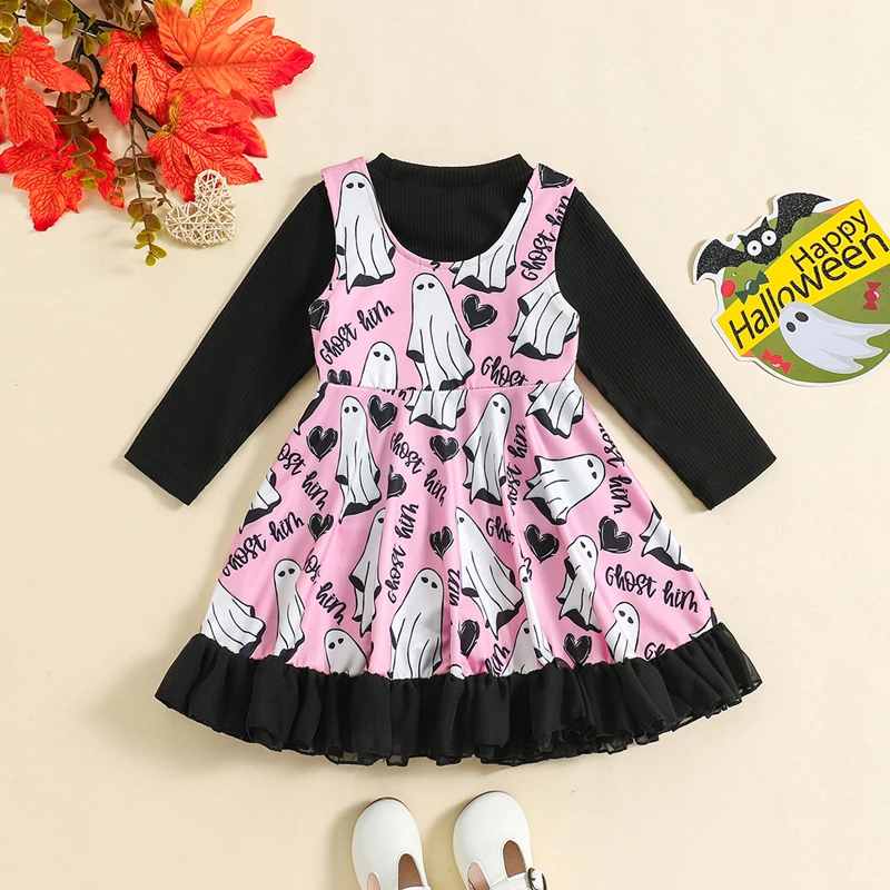 Toddler Girl Halloween Ghost Print Dress Set with Long Sleeve Shirt - Baby Fall Outfit - Image 3
