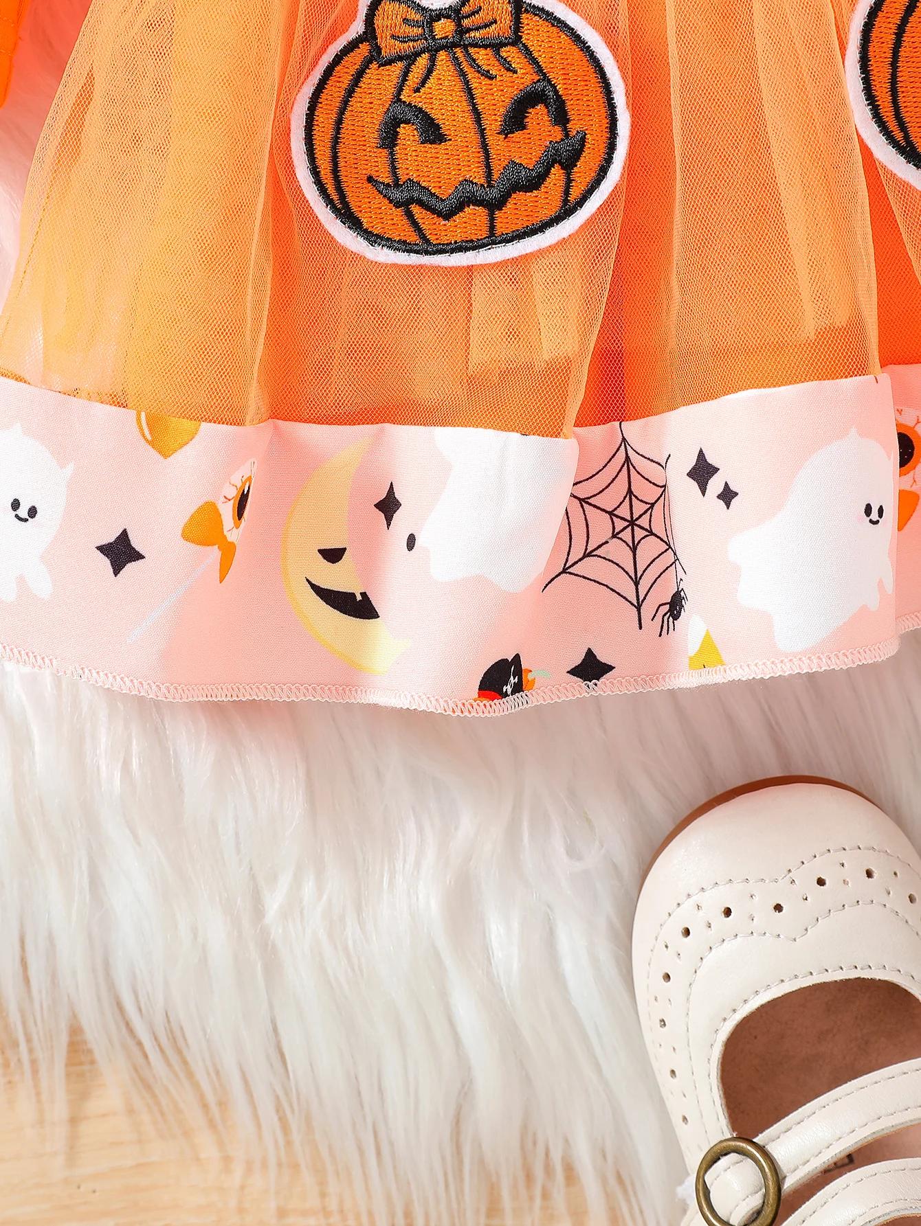 Baby Girl Halloween Pumpkin & Ghost Print Dress with Headband - Image 6