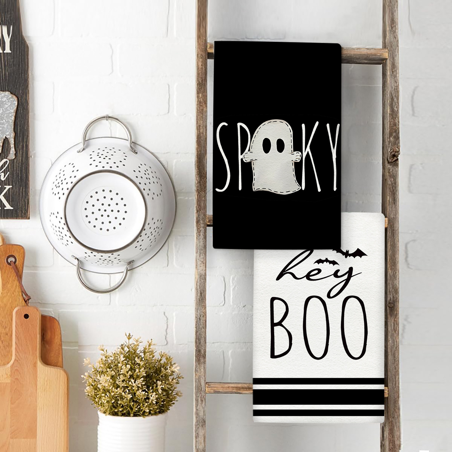 Spooky Black Ghost Halloween Kitchen Towels - Set of 4 - Image 4