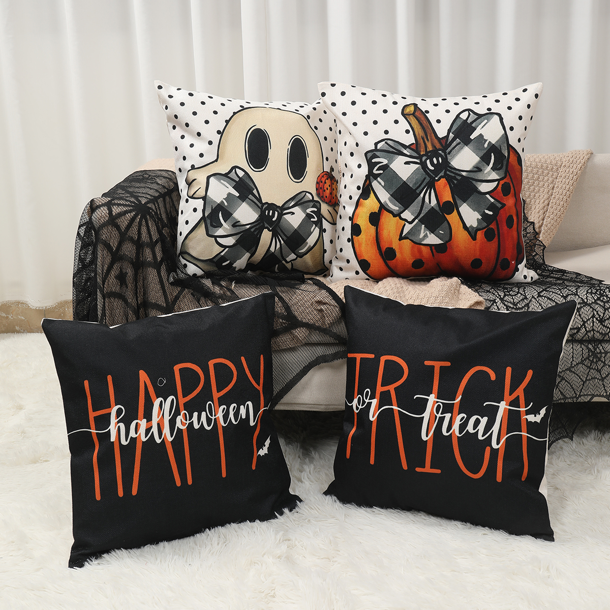 4pcs Halloween Pillow Covers with Ghost, Skeleton & Trick or Treat Designs - Image 3