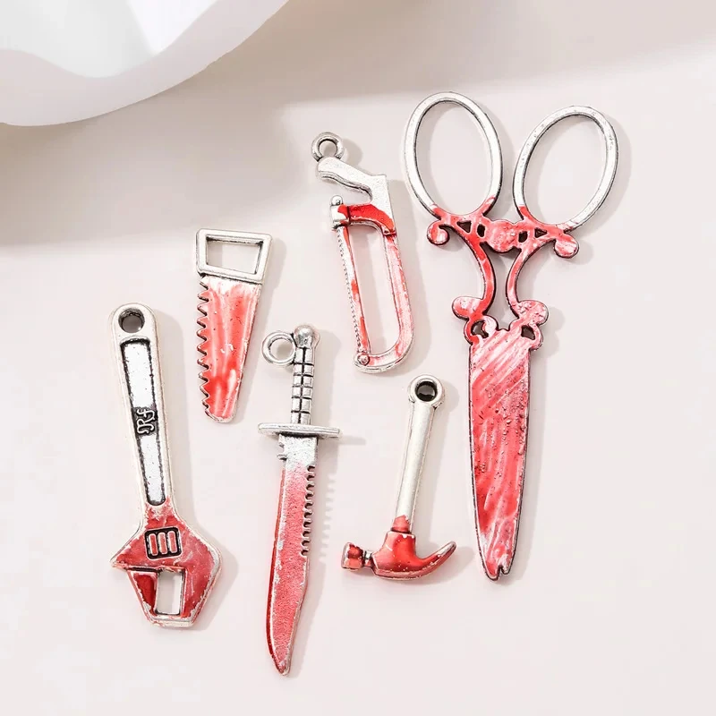 Halloween Horror Tool Charms – 5pcs Blood Scissors, Hammer & Wrench Pendants