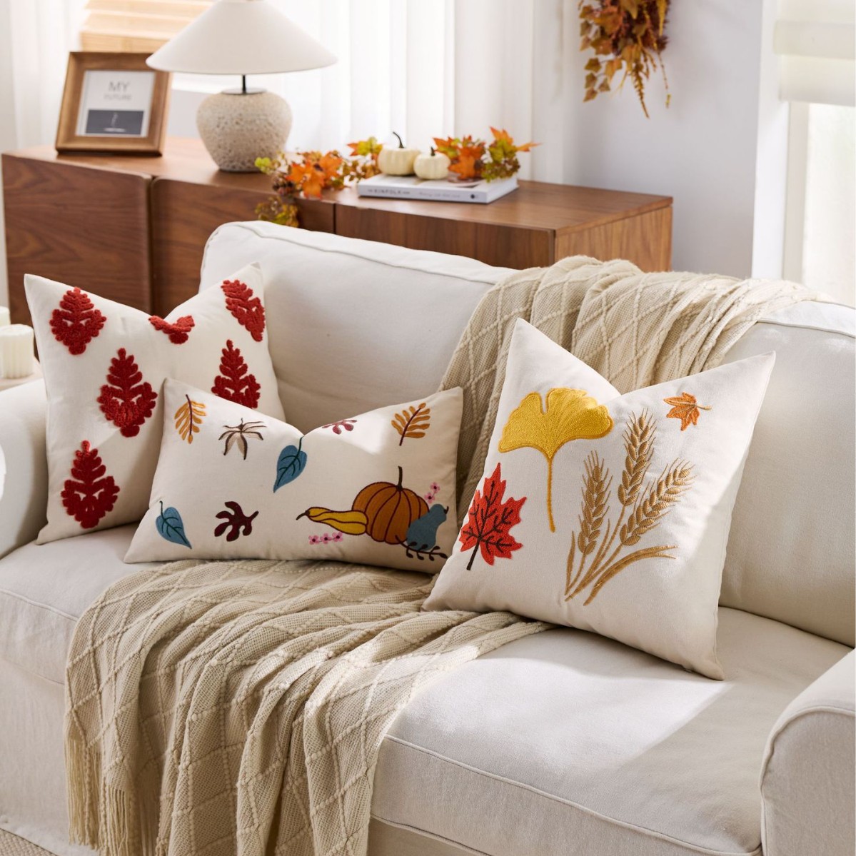 Autumn Maple Leaf Embroidered Pillowcase Cushion Cover 18x18 Inch - Image 2