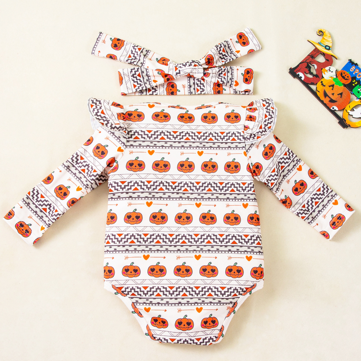 Adorable Pumpkin Puff Sleeve Halloween Bodysuit for Baby Girls - Image 2