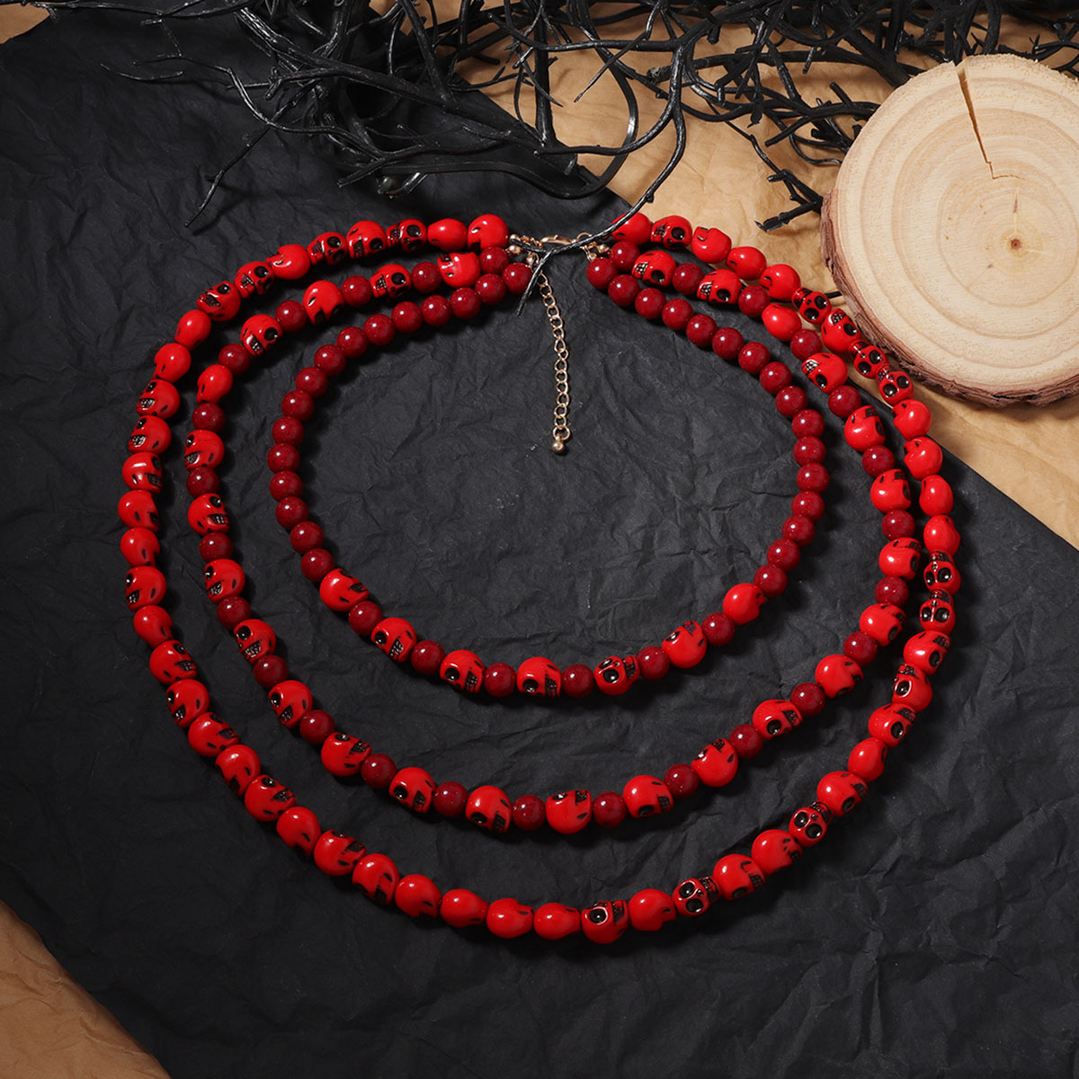 Halloween Gothic Skull Necklace with Red Multi-Layered Design - Image 4