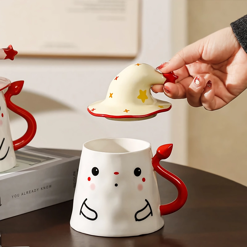 Halloween Ceramic Ghost Mug with Lid - Cute Ghost Magic Hat Coffee Cup - Image 6