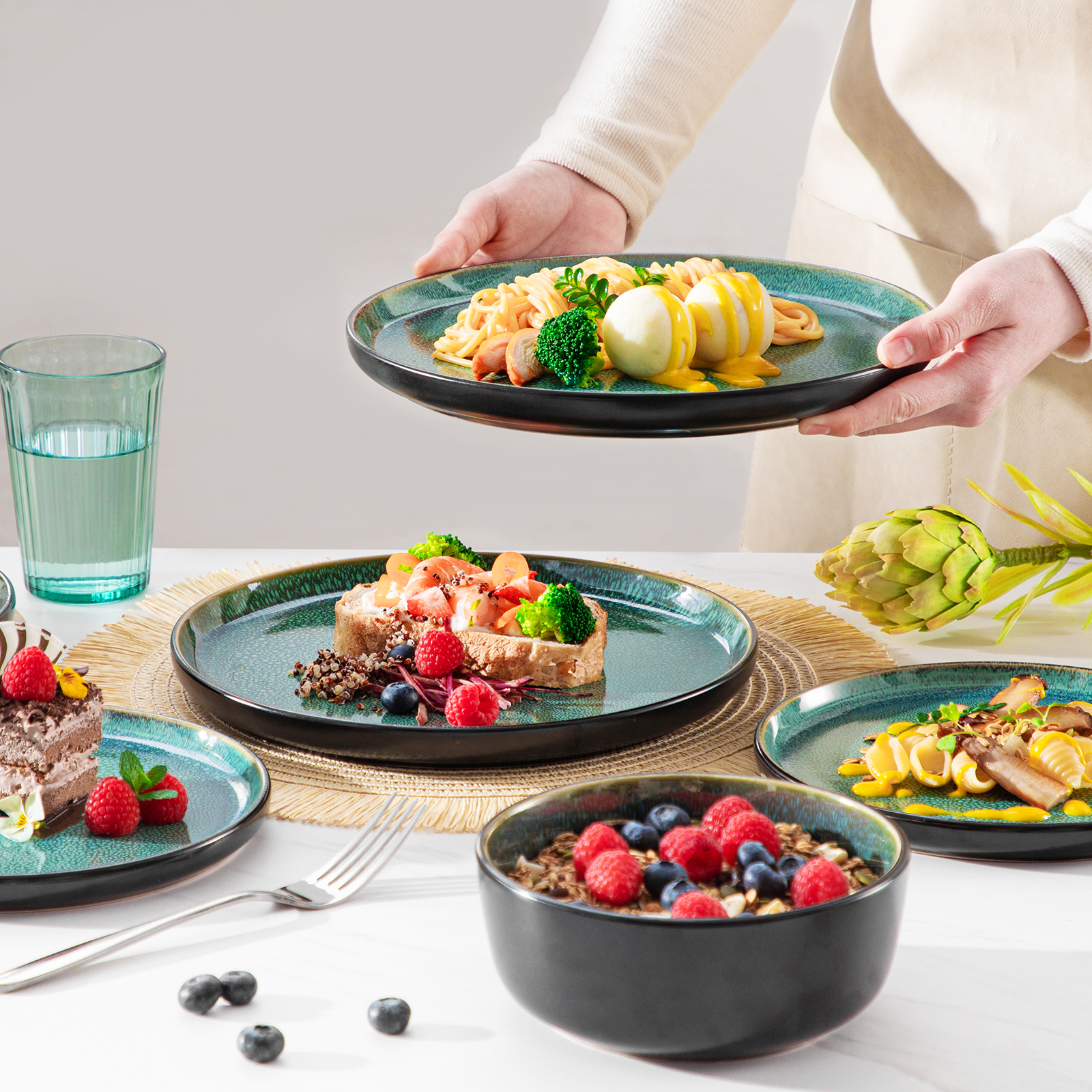 Green Reactive Glaze Dinnerware Set – Oven Safe Stoneware - Image 4