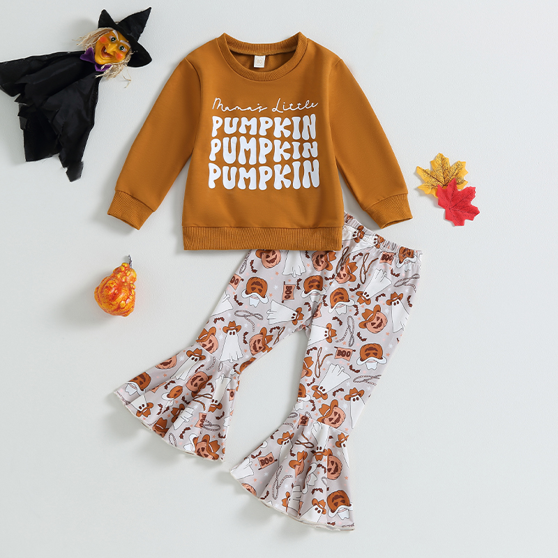 Toddler Girl Halloween Outfit Long Sleeve Top and Pumpkin Ghost Flare Pants Set